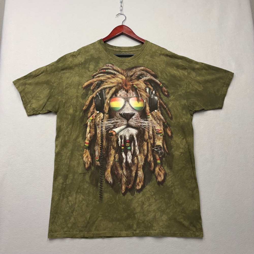 The Mountain T-Shirt Mens 2XL Green Rasta Lion Manimals Graphic Tie Dye Y2K